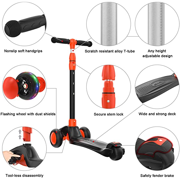 Allek Kick Scooter B03, Lean 'N Glide 3-Wheeled Push Scooter with Extra Wide PU Light-Up Wheels, Any Height Adjustable Handlebar and Strong Thick Deck for Children from 3-12yrs (Rose Pink)