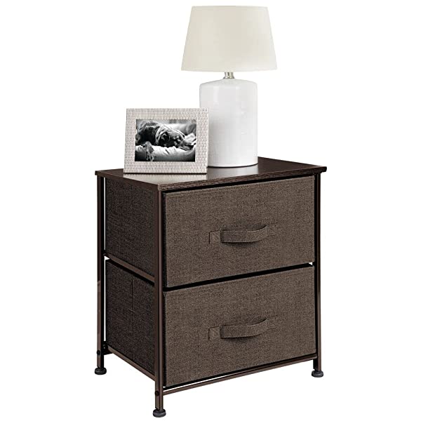 mDesign Storage Dresser End/Side Table Night Stand Furniture Unit - Small Standing Organizer for Bedroom, Office, Living Room, and Closet - 2 Drawer Removable Fabric Bins - Gray/White Grey