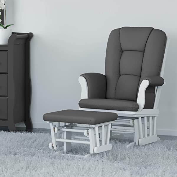 Storkcraft Tuscany Custom Glider and Ottoman with Free Lumbar Pillow, Black/Grey, Cleanable Upholstered Comfort Rocking Nursery Chair with Ottoman Black/Gray
