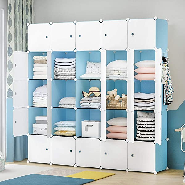 YOZO Cube Storage Organzier Portable Closet Wardrobe Bedroom Dresser (71x14x71 inches) Portable Closet Cube Shelf Armoire Pantry Cabinet, 25 Cubes, Blue 25Cubes Blue