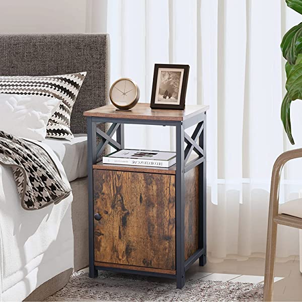VECELO Modern Versatile Nightstands X-Design Side End Table Night Stand Storage Shelf with Bin Drawer for Living Room Bedroom, Brown+Black Brown+black Modern