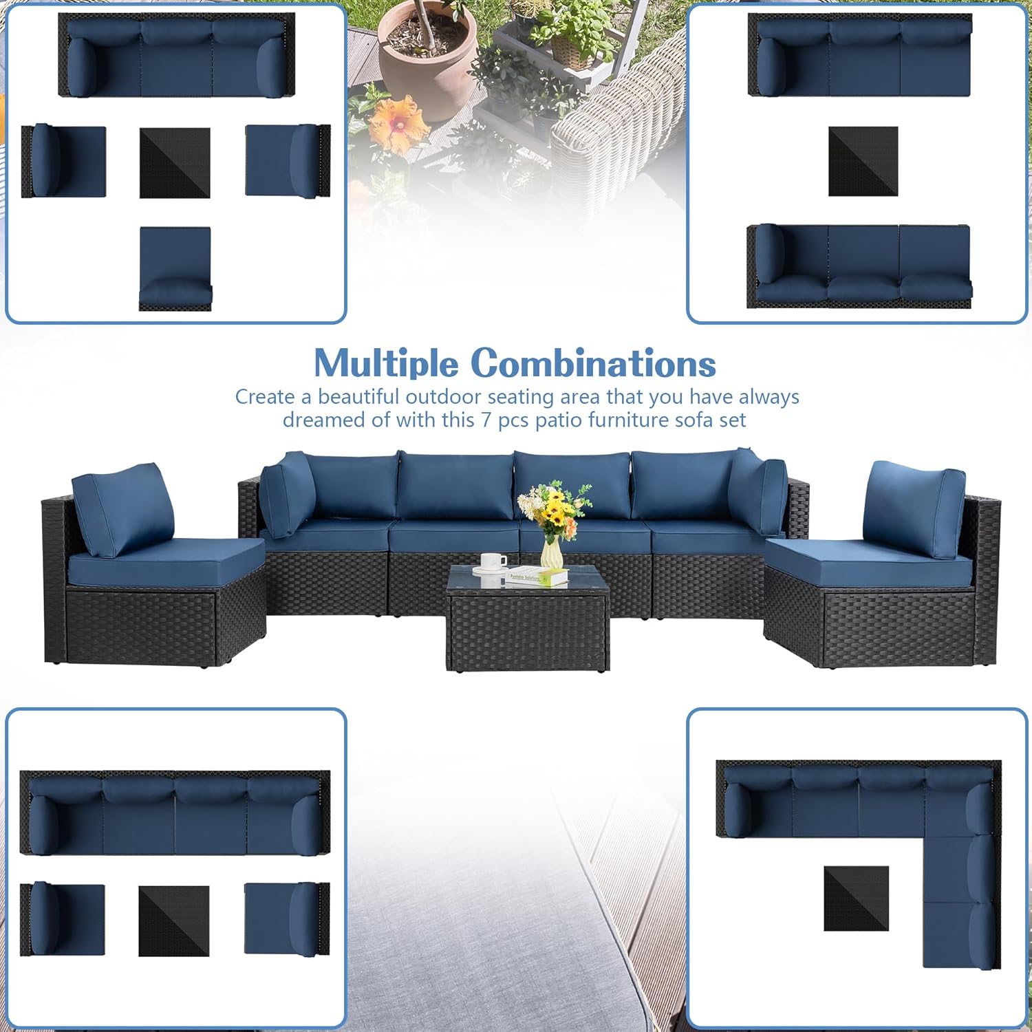 Shintenchi 7 Pieces Outdoor Patio Sectional Sofa Couch, Black Wicker Furniture Conversation Sets