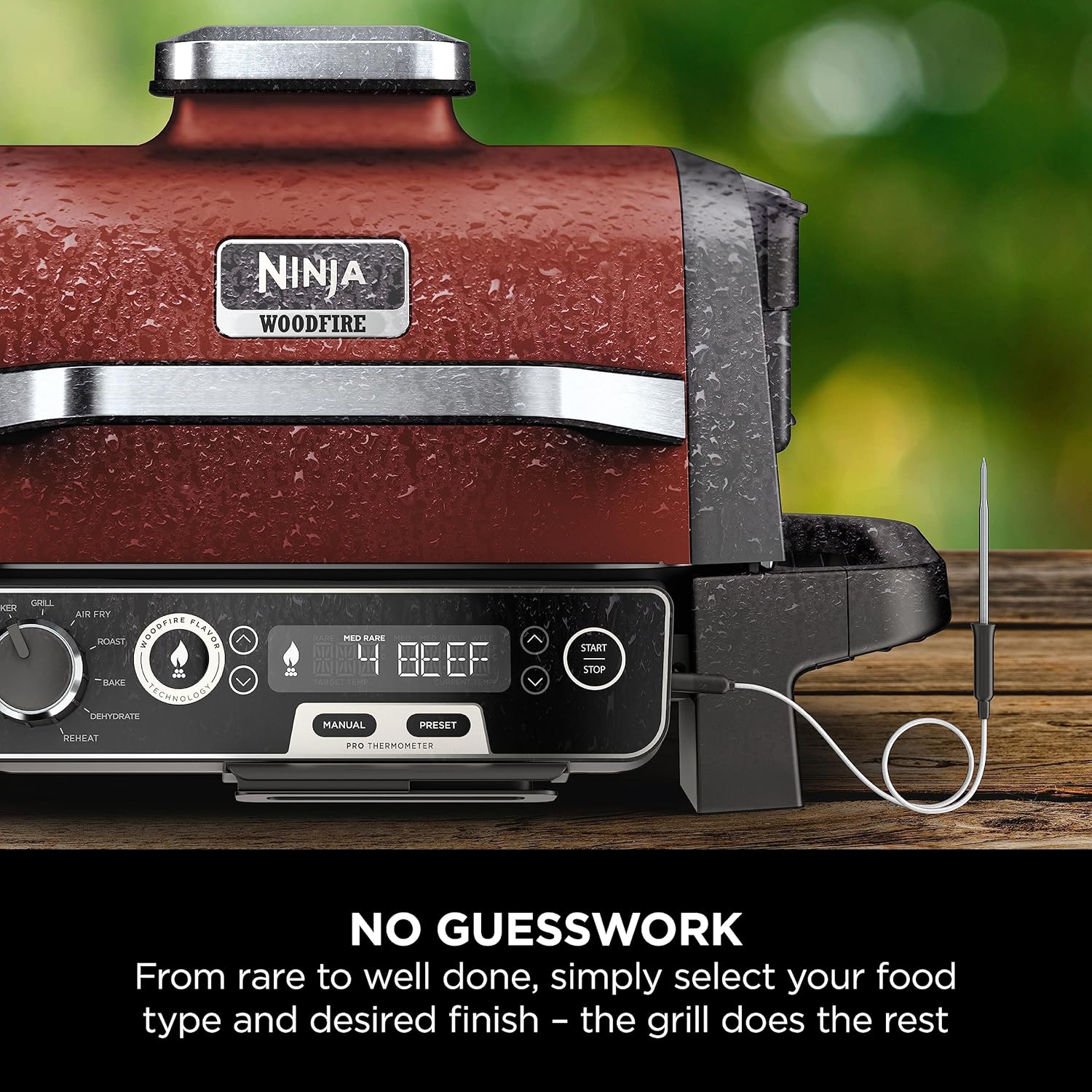 Ninja Woodfire Electric Outdoor BBQ Grill, Smoker and Air Fryer with Pellets and Digital Probe, 5 Skewers, 7 Functions; Grill, Smoke, Air Fry, Roast and more, Red/Black