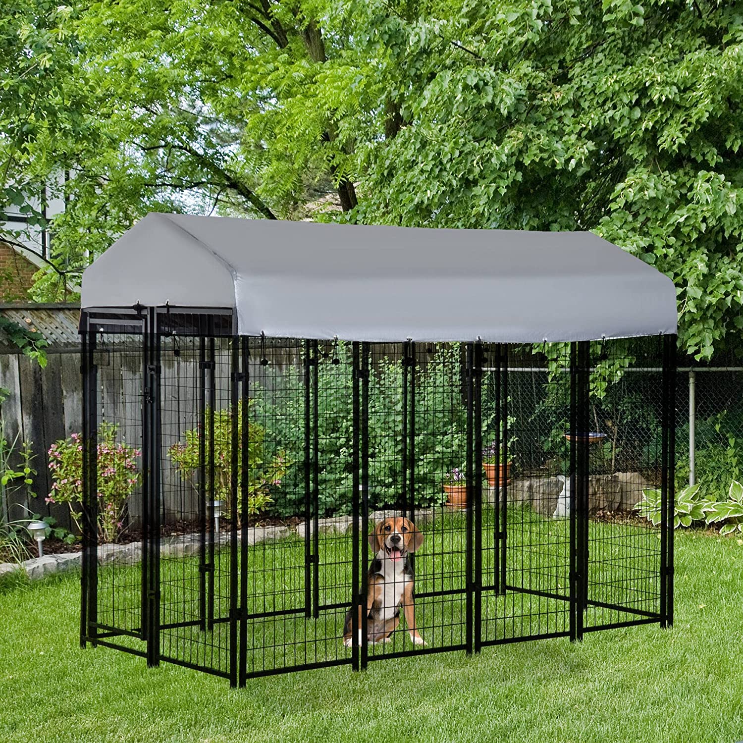 6'x4'x6' Large Dog Kennel Outdoor Steel Fence with UV-Resistant Cloth Roof & Secure Lock