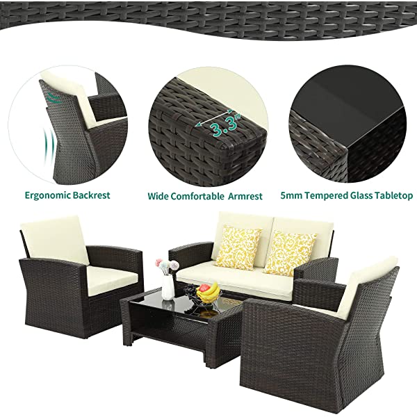 YITAHOME 4 Pieces Outdoor Furniture Sofa Set, PE Rattan Wicker Sectional Furniture Conversation Set with Cushions and Table for Porch Lawn Garden, Black