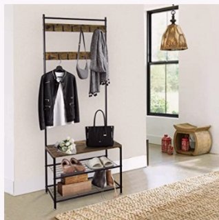 HOFLERA Coat Rack, Hall Tree with Shoe Bench for Entryway, Industrial Accent Furniture with Steel F