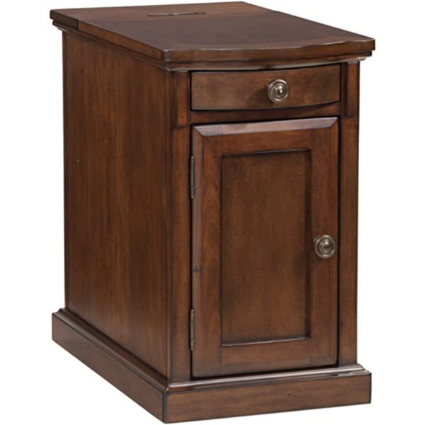 Signature Design by Ashley Tyler Creek Rustic Chair Side End Table with Pull-Out Tray & USB Ports, Brown Blackish Brown Table