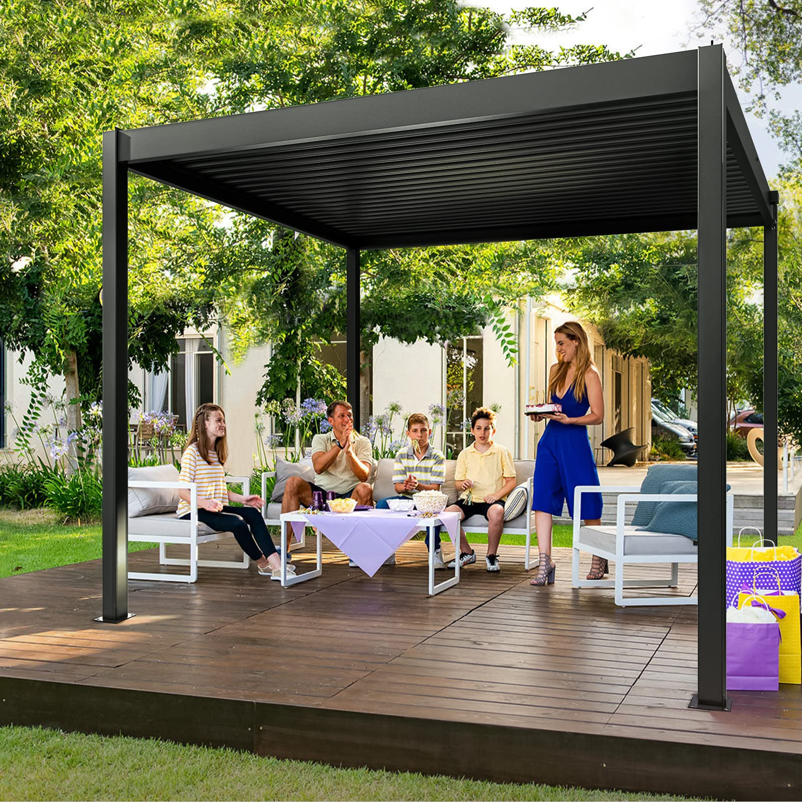 【Home&Garden】【BS】10'x10' NO Corrosion Louvered Pergola, High Strength Gazebo for Yard