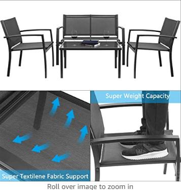 Devoko 4 Pieces Patio Furniture Set Outdoor Garden Patio Conversation Sets Poolside Lawn Chairs with Glass Coffee Table Porch Furniture (Grey)