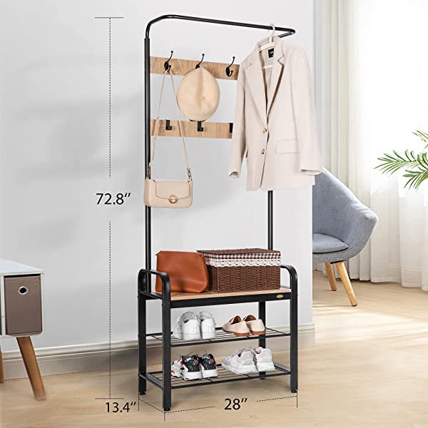 VIVOHOME 3-in-1 Entryway Hall Tree, Heavy Duty MDF Stand Coat Rack with Storage Bench, Industrial Wood Furniture with Stable Metal Frame, 8 Hooks Rustic Brown