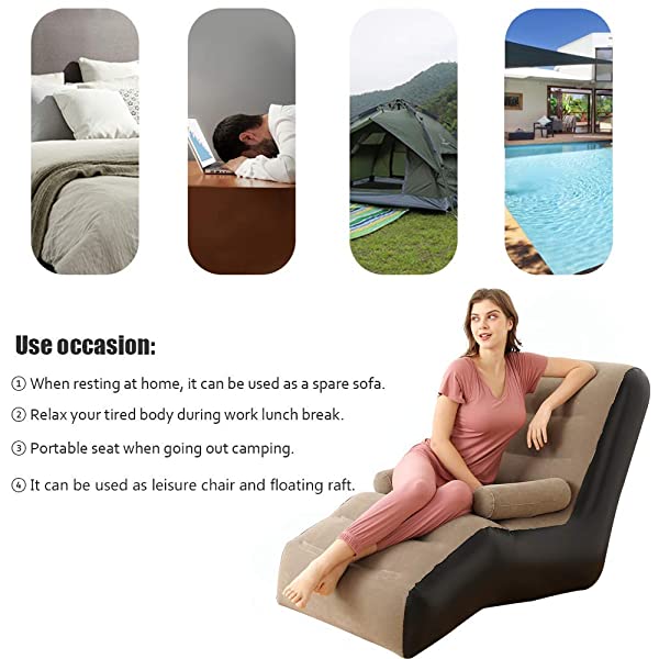 Inflatable Chaise Lounges Folding Lazy Floor Chair Sofa Lounger Bed with Armrests (Khaki)