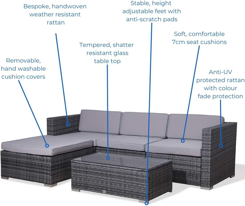 EVRE California Rattan Garden Furniture Set 5 Piece 3 Seater Sofa 1 Ottoman 1 Coffee Table Outdoor Wicker Weave Lounge Sofa and Glass Top Table with Cushions