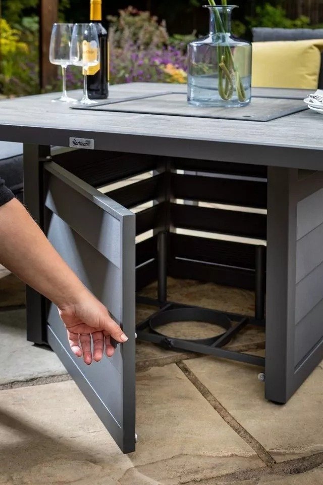 Hartman Sorrento Square Casual Dining Set With Gas Fire Pit & Lounge Chairs Corner Sofa set