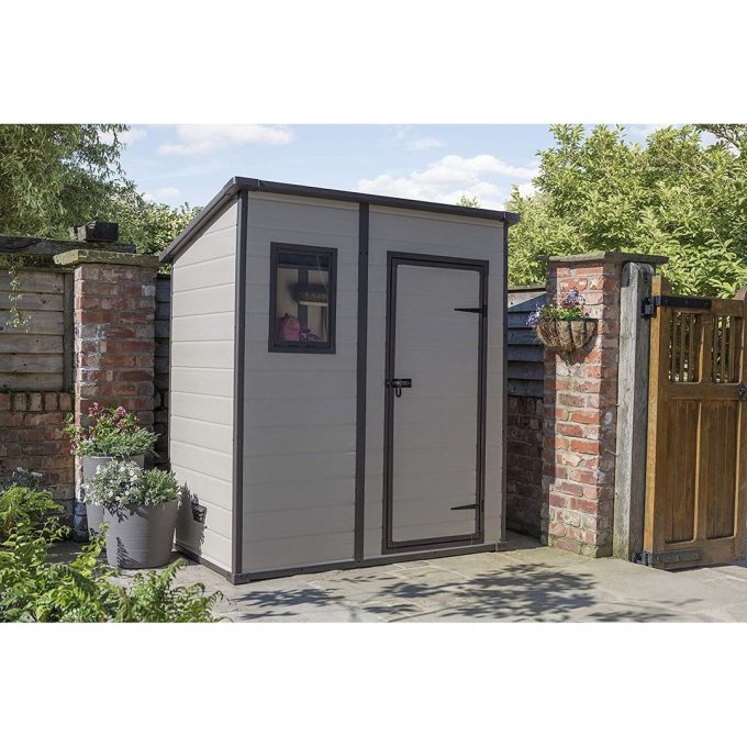 Keter Manor Outdoor Pent Single Door Garden Storage Shed 6 x 4ft Beige Brown Wood Effect Fade Free All Weather Resistant Safe