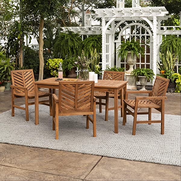 Walker Edison 5 Person Outdoor Wood Chevron Patio Furniture Dining Set Table Chairs Bench All Weather Backyard Conversation Garden Poolside Balcony, 4 Piece, Brown Brown 4 Piece Dining Set