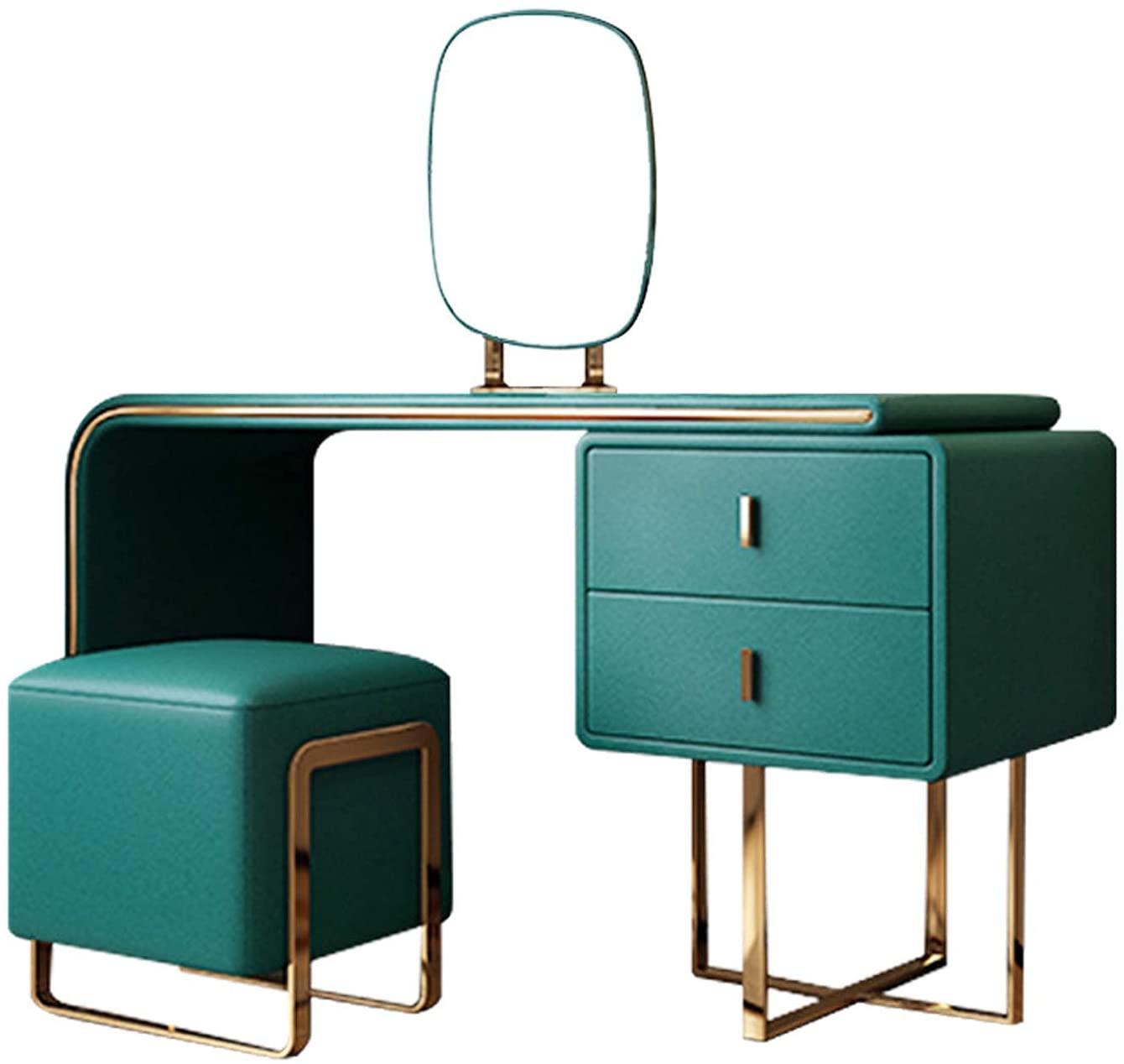 FUKAYI Modern Vanity Set with Lighted Mirror, Makeup Dressing Table with 2 Large Drawer and PU Stool, Dresser Table for Women