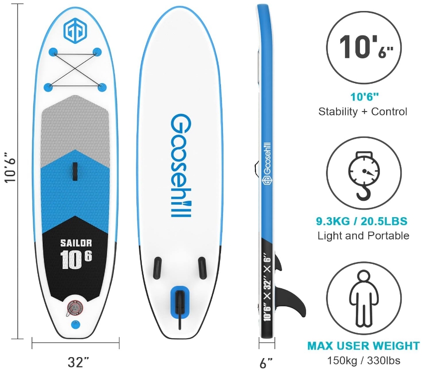 Goosehill Inflatable Stand Up Paddle Board, Premium SUP Package, 10' Long 32
