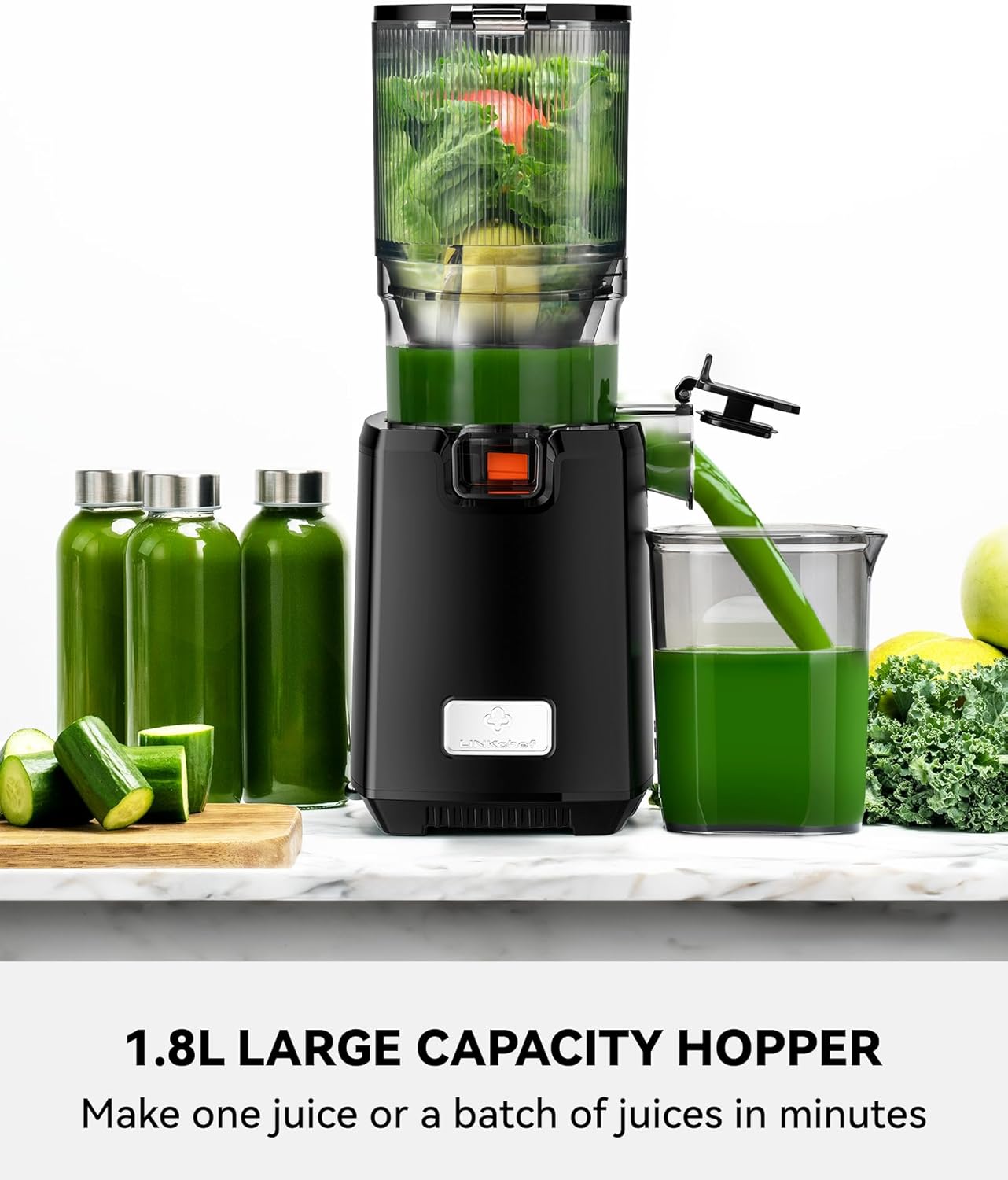 LINKChef Cold Press Juicer Machines, 130mm Diameter and 1.8L Capacity Juicers Whole Fruit and Vegetable, 250W Masticating Juicer Machine, Slow Juicer with Automatic Cutting