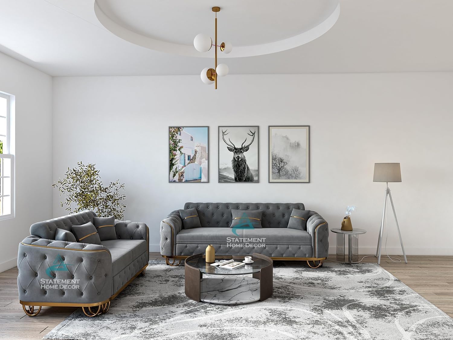 Dark Grey Plush Velvet Sofa, 2 Seater+3 Seater Sofa, 5 Seater Couch Living Room Sofa