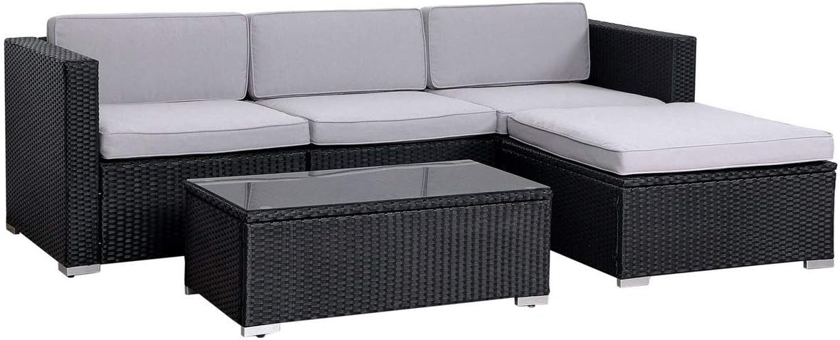 EVRE California Rattan Garden Furniture Set 5 Piece 3 Seater Sofa 1 Ottoman 1 Coffee Table Outdoor Wicker Weave Lounge Sofa and Glass Top Table with Cushions