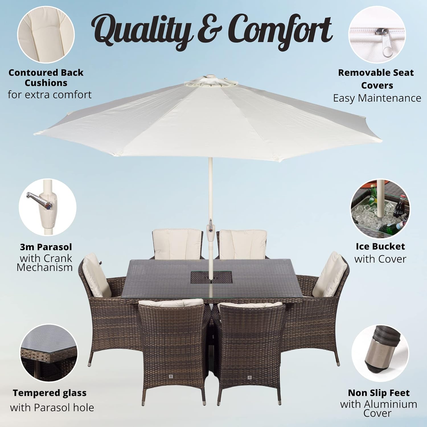 Savannah Rattan Dining Set | Rectangle 6 Seater Brown Rattan Table & Chairs Set with Ice Bucket Drinks Cooler | Outdoor Poly Rattan Garden Dining Furniture Set with Parasol & Cover