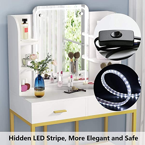 Vanity Set with LED Lighted Mirror and Cushioned Stool, Large Vanity Table Dressing Table Desk with Storage Shelves and 2 Drawers for Bedroom (Gold/w Lights)