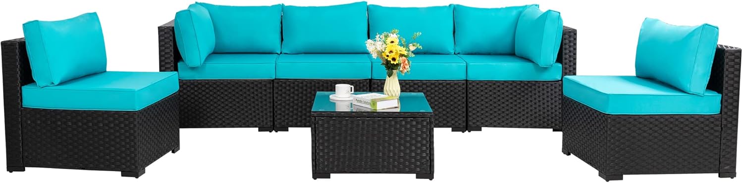 Shintenchi 7 Pieces Outdoor Patio Sectional Sofa Couch, Black Wicker Furniture Conversation Sets