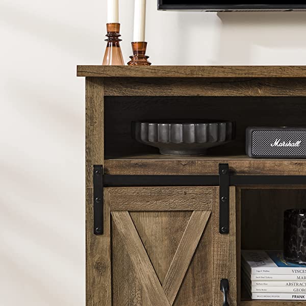 Walker Edison Richmond modern farmhouse sliding barn door TV stand for up to 52 inches, white and rustic oak white without fireplace 52 inches TV