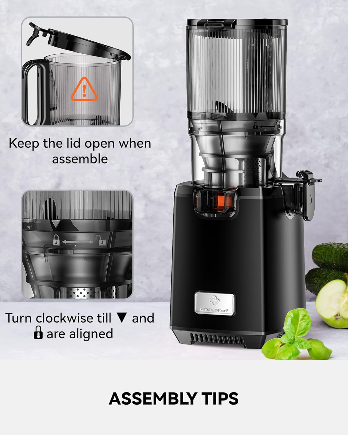 LINKChef Cold Press Juicer Machines, 130mm Diameter and 1.8L Capacity Juicers Whole Fruit and Vegetable, 250W Masticating Juicer Machine, Slow Juicer with Automatic Cutting