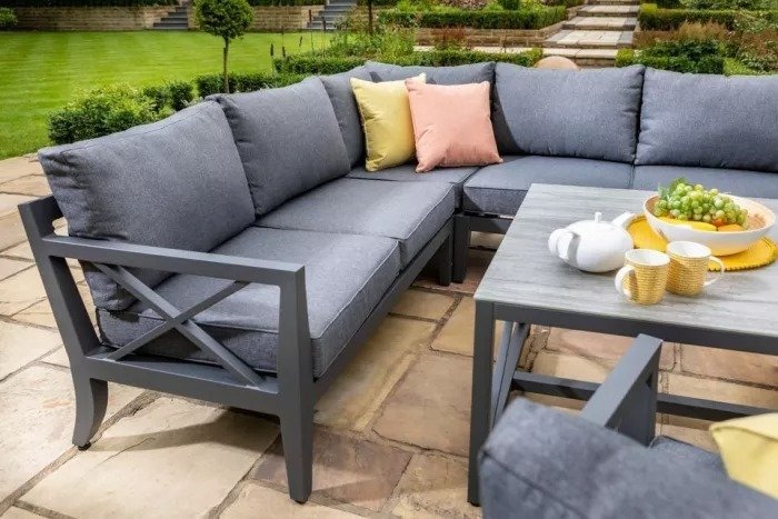 Hartman Sorrento Square Casual Dining Set With Gas Fire Pit & Lounge Chairs Corner Sofa set