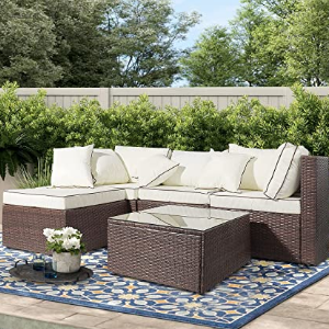 AWQM 5 Pieces Patio Furniture Sets All Weather Outdoor Sectional Sofa Manual Weaving Wicker Rattan Patio Conversation Set with Cushion and Glass Table, Brown