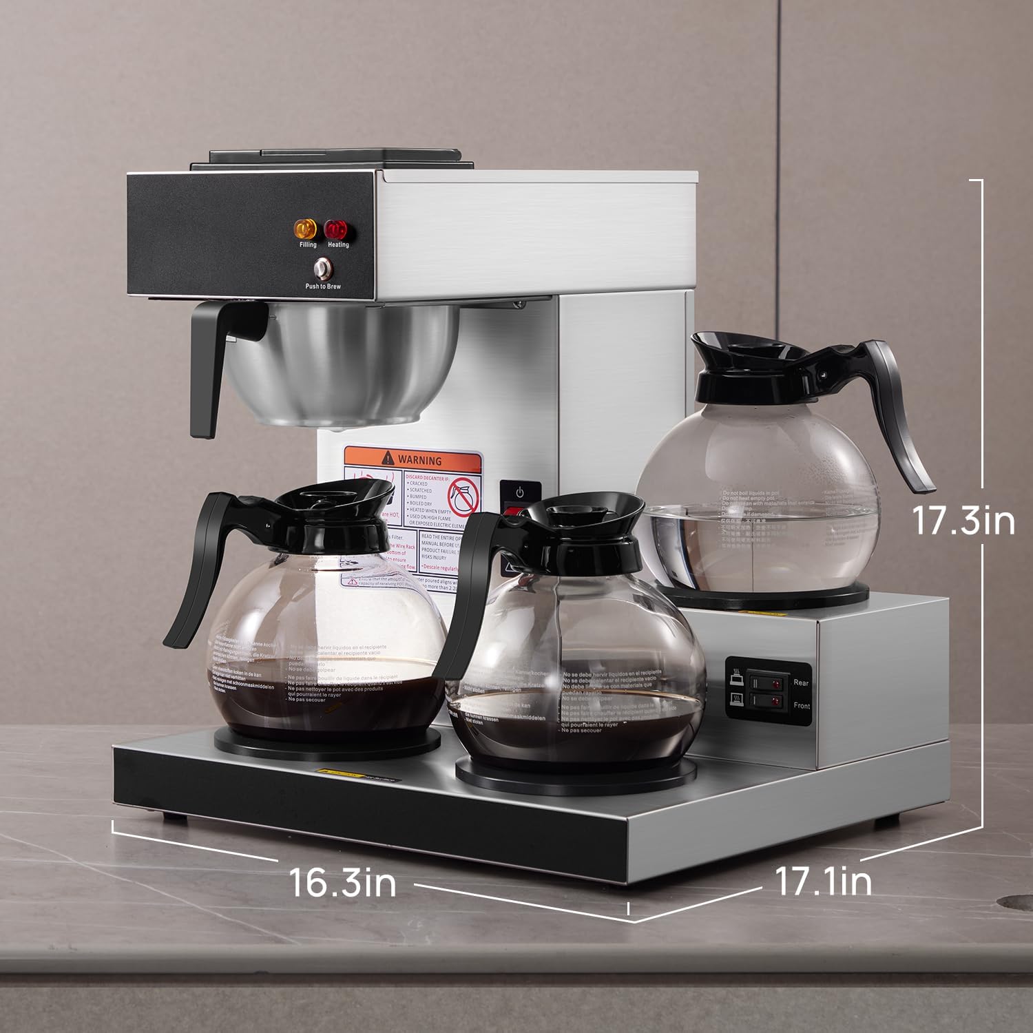 SYBO 12 cup commercial coffee maker, drip coffee maker, with 3 lower heaters and 3 glass decanters, stainless steel cafeteria