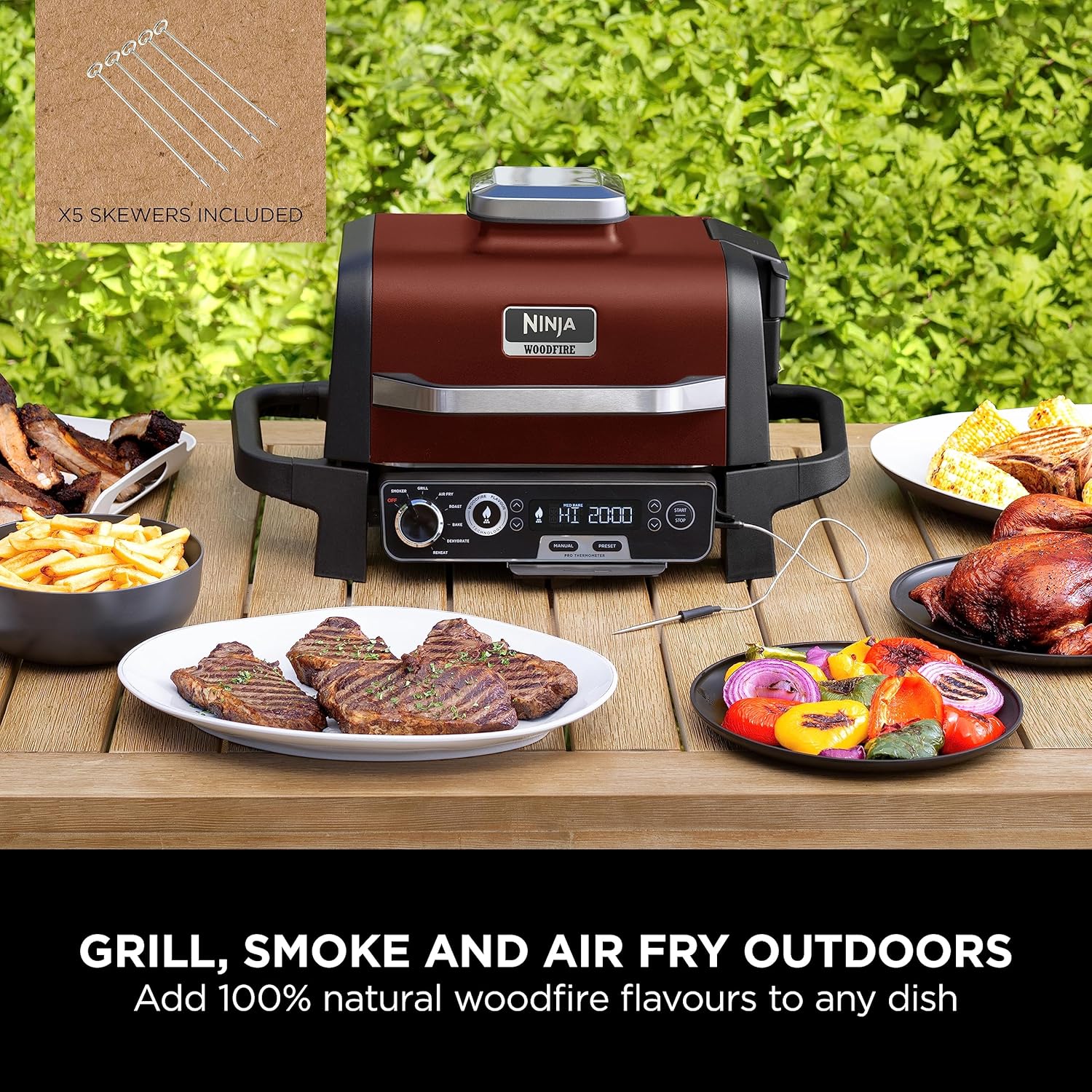 Ninja Woodfire Electric Outdoor BBQ Grill, Smoker and Air Fryer with Pellets and Digital Probe, 5 Skewers, 7 Functions; Grill, Smoke, Air Fry, Roast and more, Red/Black