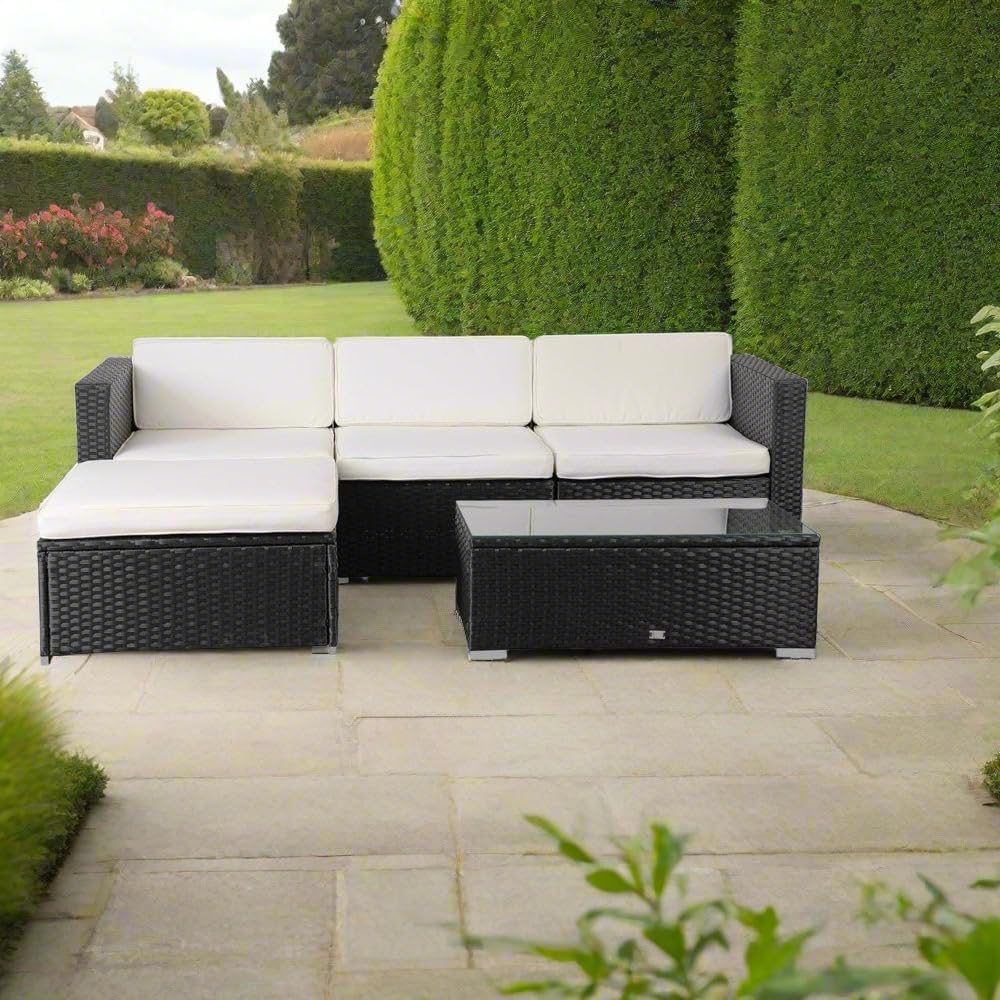 EVRE California Rattan Garden Furniture Set 5 Piece 3 Seater Sofa 1 Ottoman 1 Coffee Table Outdoor Wicker Weave Lounge Sofa and Glass Top Table with Cushions