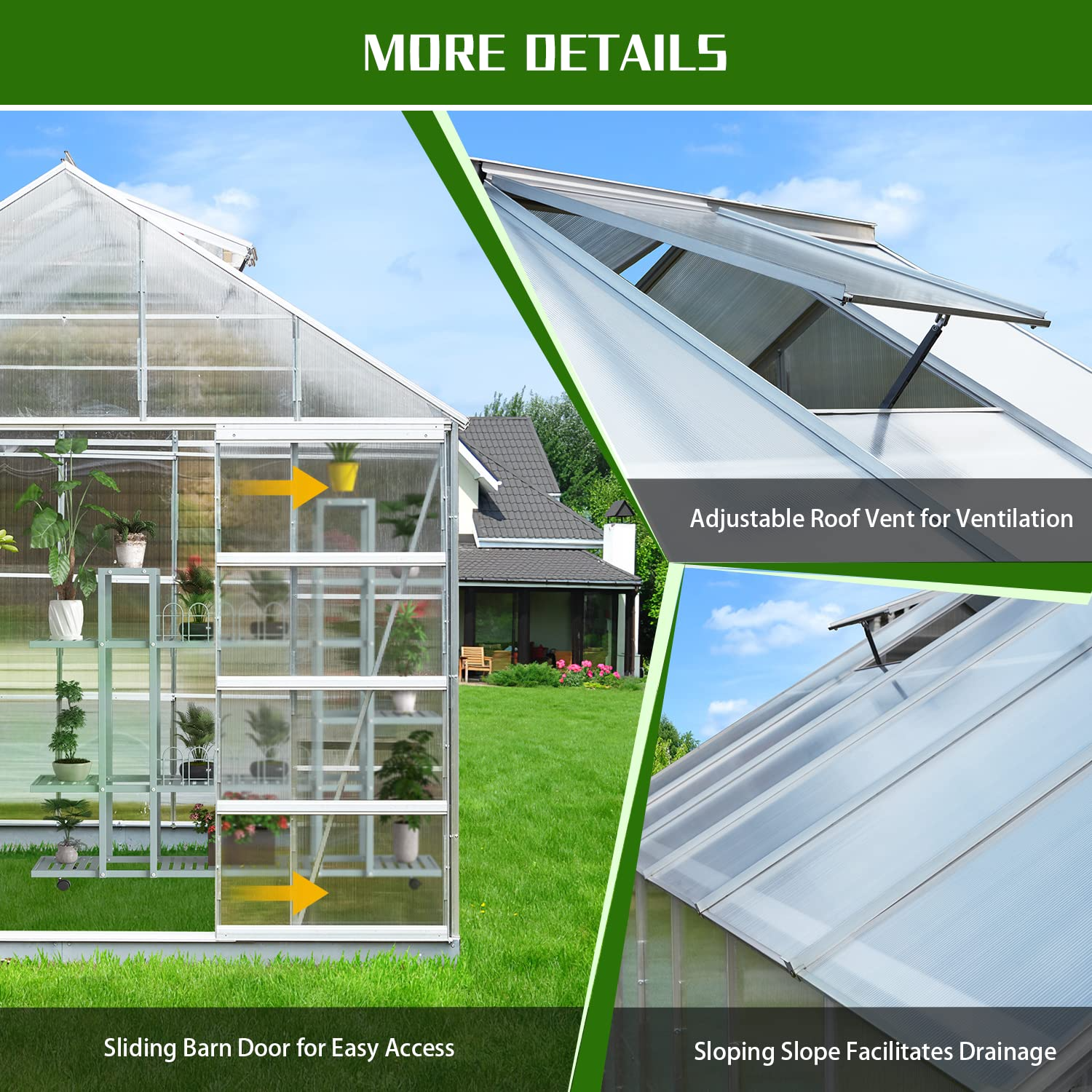 12'x10'x10.3' Outdoor Walk-in Hobby Greenhouse for Plants, Polycarbonate Aluminum Green House
