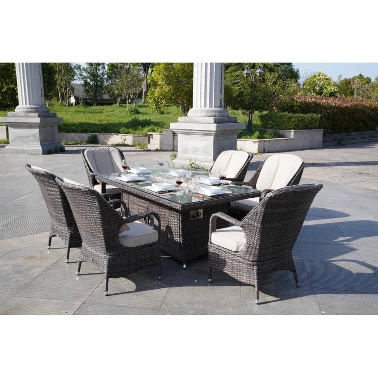 2020 Morden Living 7 pieces Hot Sell Outdoor Brown Wcker Fire Pit Dining Set