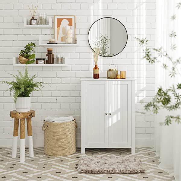 VASAGLE Bathroom Floor Storage Cabinet with Double Door Adjustable Shelf, 23.6 x 11.8 x 31.5 Inches White UBCB60W