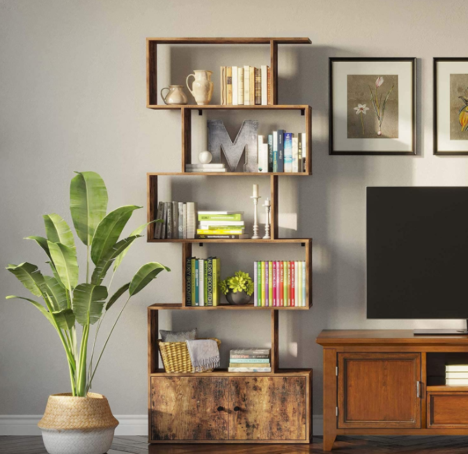 Rolanstar Bookshelf with Doors, 6-Tier Bookcase with Cabinet, Freestanding Bookshelves Storage Display Cabinet, Rustic Wood Bookshelf for Living Room, Bedroom, Home Office