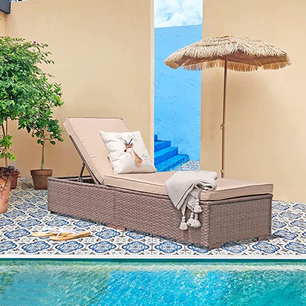 Patiorama Patio Chaise Lounge Chair, Sun Lounger, Outdoor Pool Beach Brown PE Rattan Wicker Reclining Chair W/Adjustable Backrest and Removable Cushion (Beige), Set of 2 2 Brown