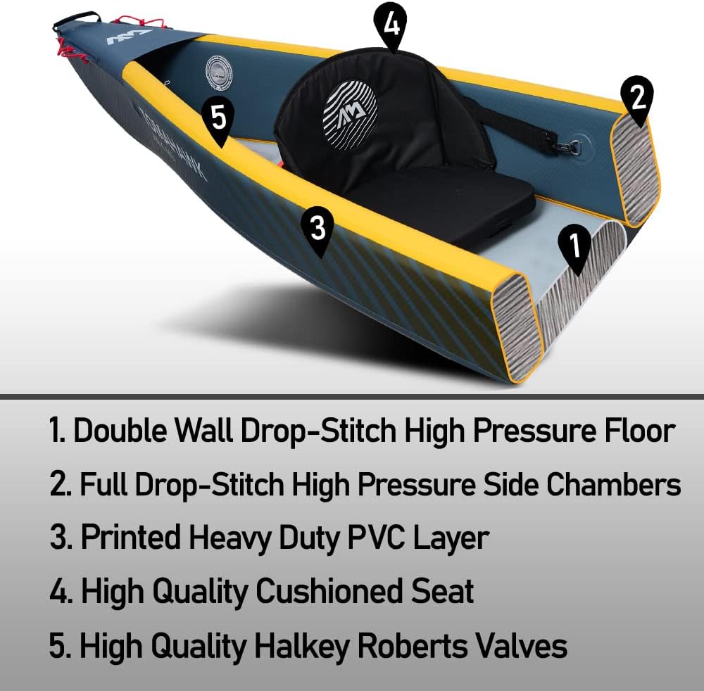 Aqua Marina Tomahawk, AIR-C High Pressure Drop-Stitch Premium Inflatable Kayak/Canoe, for 2-3 Person, 478 cm Length, Marine/Yellow