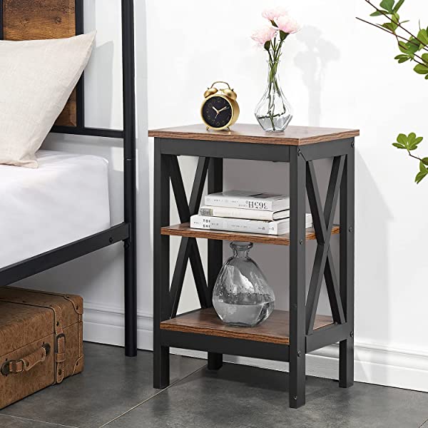 VECELO Modern Versatile Nightstands X-Design Side End Table Night Stand Storage Shelf with Bin Drawer for Living Room Bedroom, Brown+Black Brown+black Modern