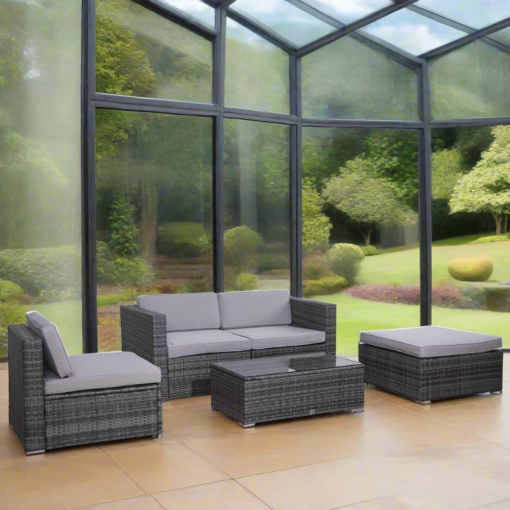 EVRE California Rattan Garden Furniture Set 5 Piece 3 Seater Sofa 1 Ottoman 1 Coffee Table Outdoor Wicker Weave Lounge Sofa and Glass Top Table with Cushions