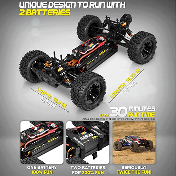 1:10 Scale Large RC Cars 50+ kmh Speed - Boys Remote Control Car 4x4 Off Road Monster Truck Electric - Hobby Grade Waterproof Toys Trucks for Kids and Adults - 2 Batteries + Connector for 40+ Min Play Black - Red 1:10 Scale 31 mph