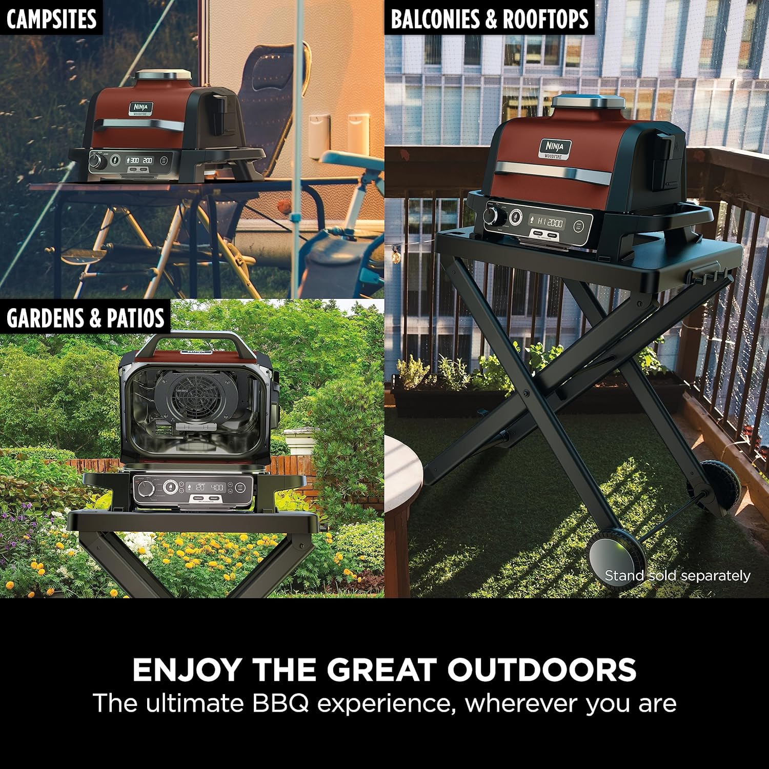 Ninja Woodfire Electric Outdoor BBQ Grill, Smoker and Air Fryer with Pellets and Digital Probe, 5 Skewers, 7 Functions; Grill, Smoke, Air Fry, Roast and more, Red/Black