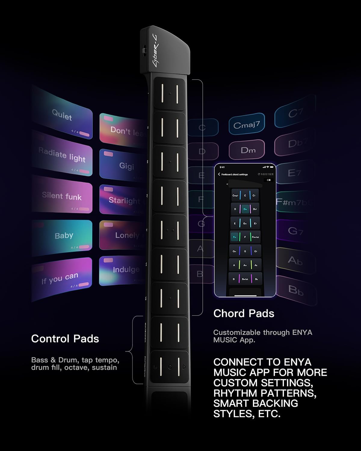 Enya CYBER-G Stringless Smart Guitar, Foldable Travel Backing Guitarra, Built-in Drum Machine & Bassline