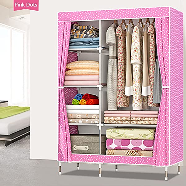 QUMENEY Wardrobe Storage Closet, Portable Clothes Standing Shelves Organizer, Extra Strong and Durable Non-Woven Fabric Rack with Hanging Rods, Quick and Easy to Assemble (Pink Dots)