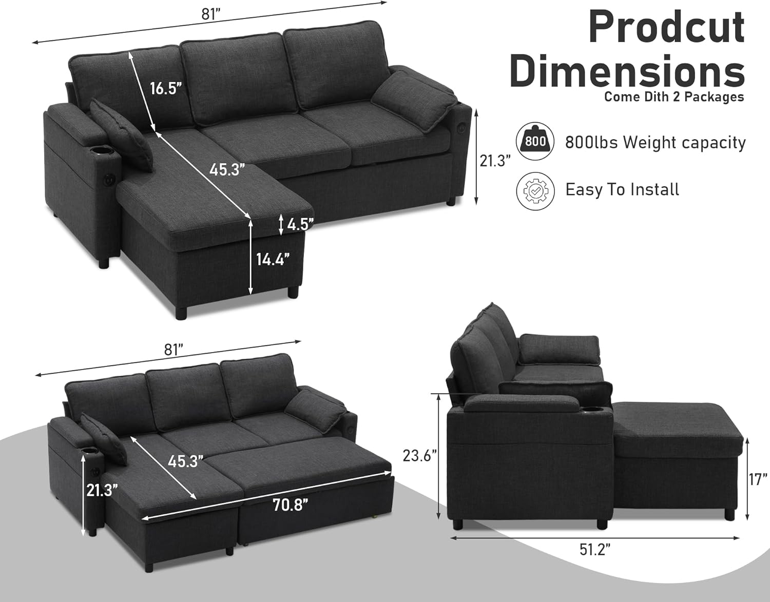DURASPACE Sofa Bed Sleeper Pull Out 2 In 1 Sectional Sleeper Sofa Couches With Storage,USB, Cup Holder,Pullout Sectional Couches For Apartment Living Room