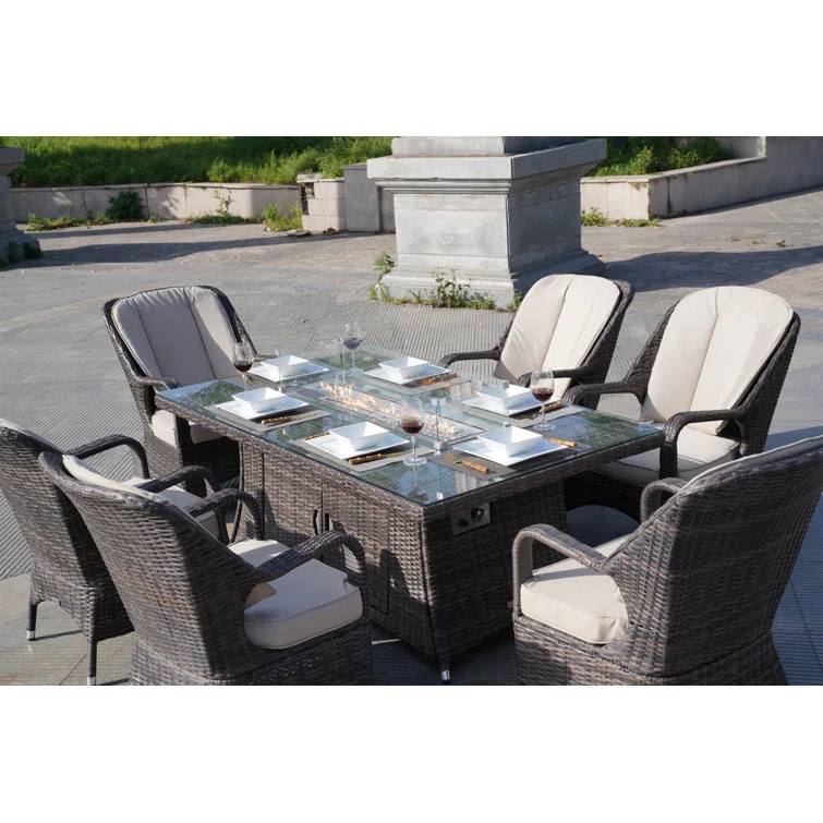 2020 Morden Living 7 pieces Hot Sell Outdoor Brown Wcker Fire Pit Dining Set