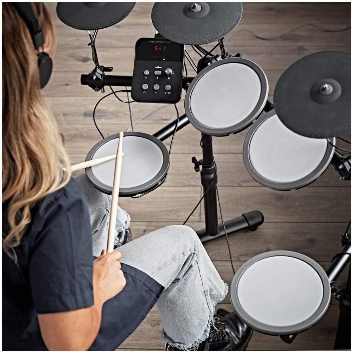 VISIONDRUM Compact Mesh Electronic Drum Set with Headphones and Stool for Kids & Adults by Gear4music