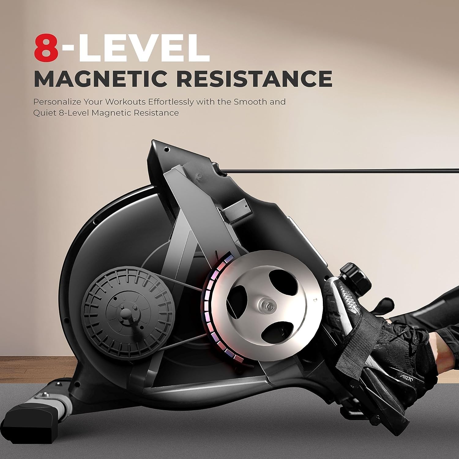 Sunny Health and Fitness Magnetic Rowing Machine, Folding Rower with LCD Monitor and Extra Long Slide Rail, 8 Level Resistance, Transport Wheels, Full Body Workout Equipment For Home, SF-RW5515, Gray